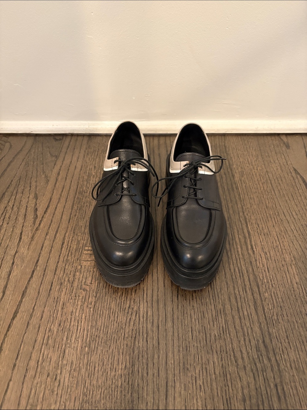 Pierre Hardy Black Leather Platform Lace-Up Loafers with White/Light Grey Tab